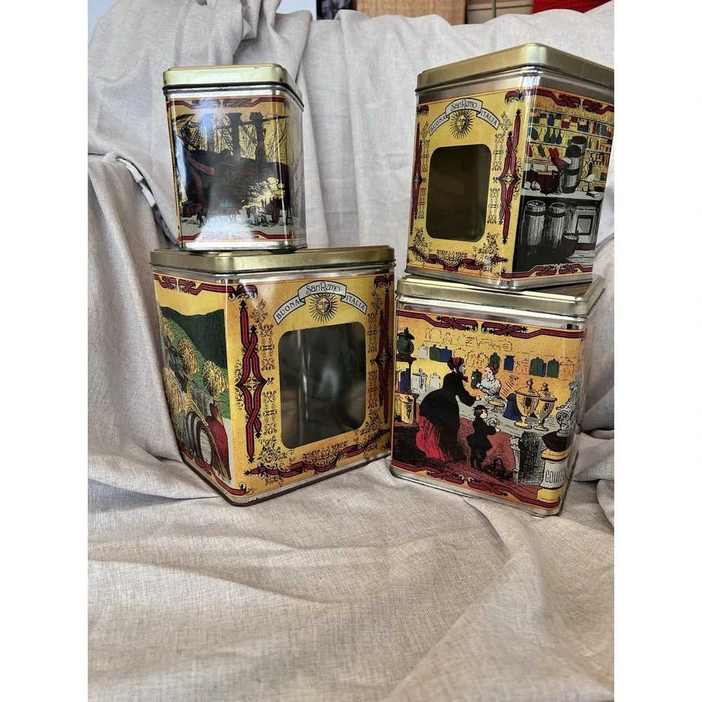 Set Vintage San Remo Tins Kitchen Canister Set with Plastic Window by Himark.